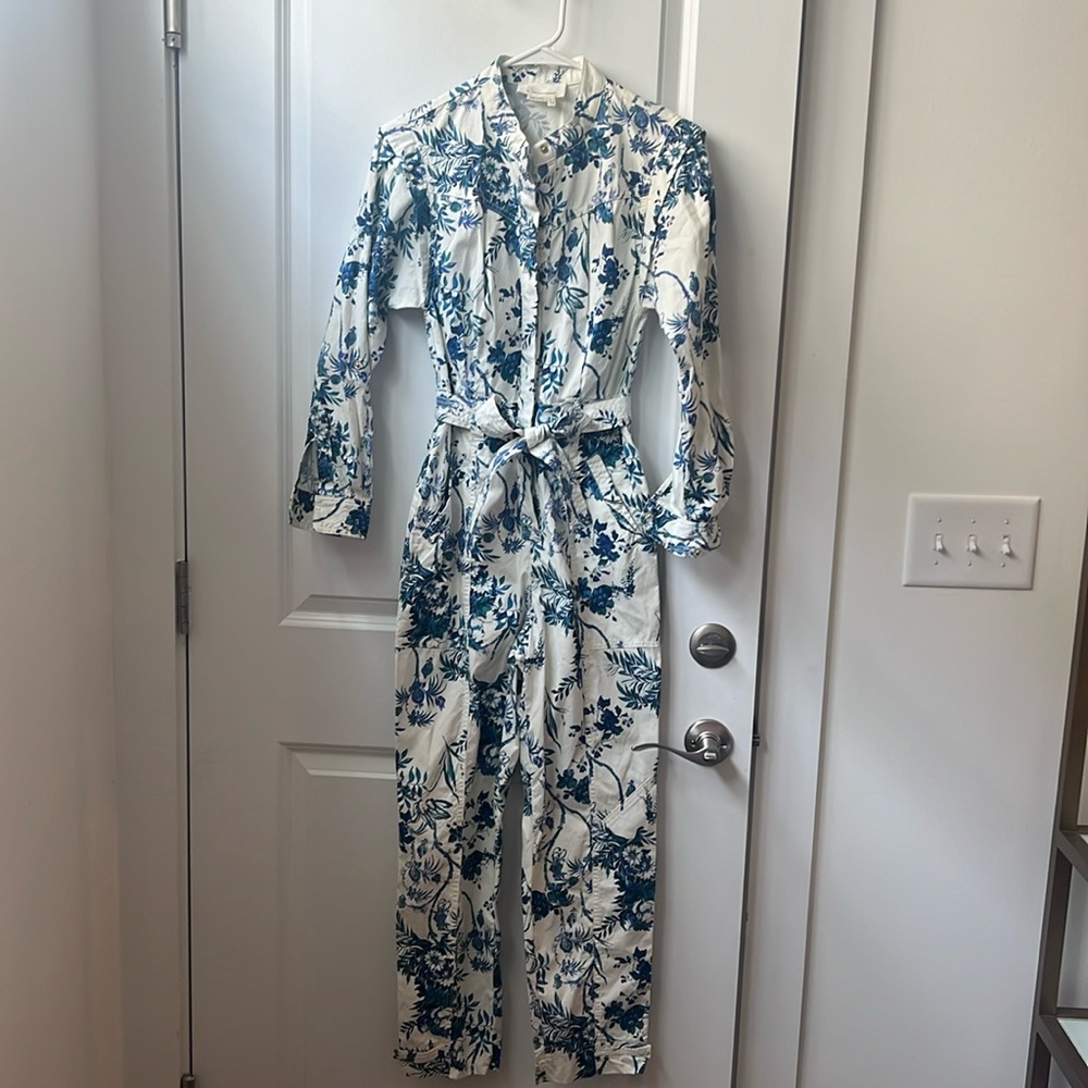 Anthropologie flowered cream/blue jumpsuit, size 0